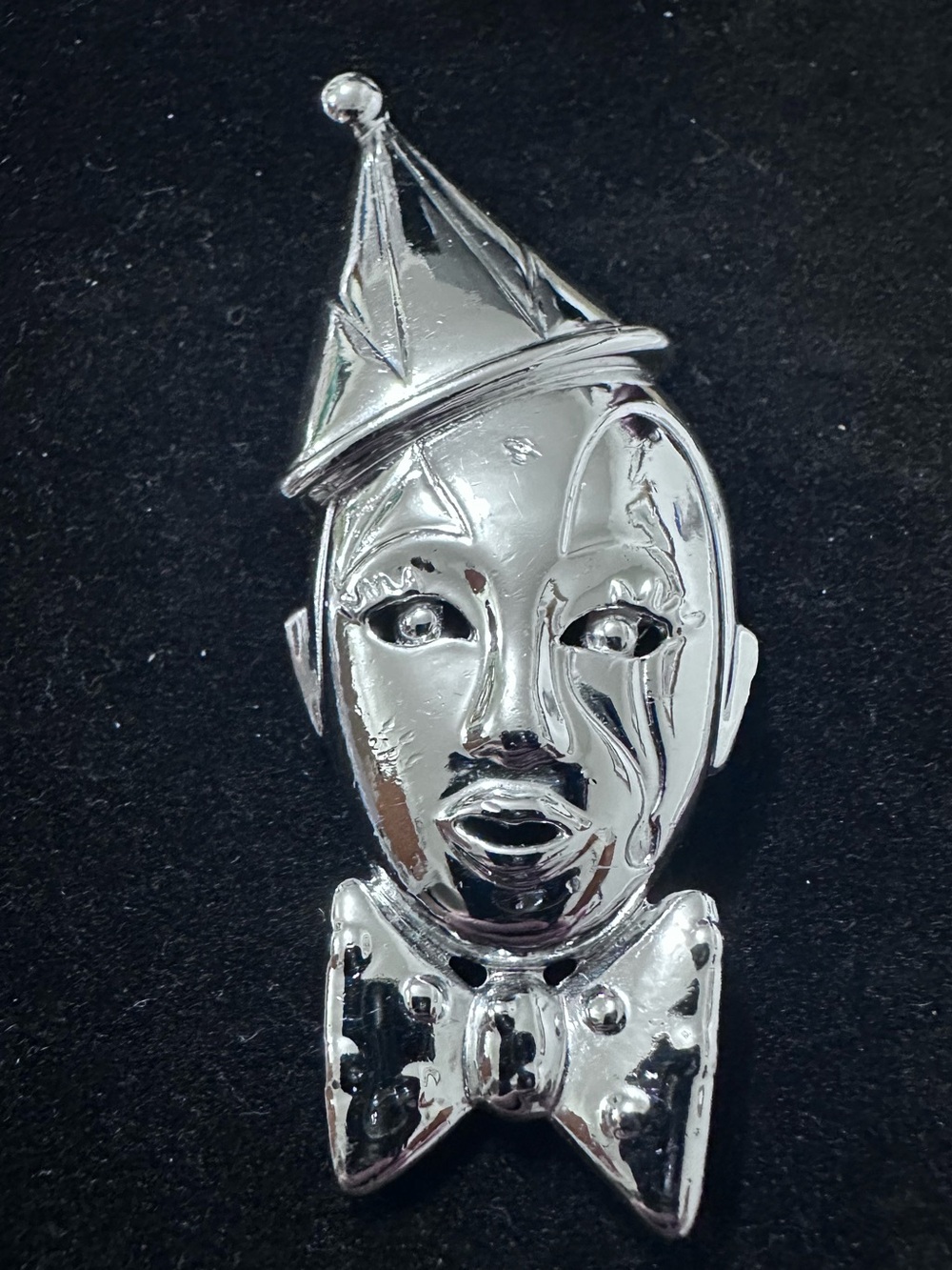 352- Clown Pierrot crying clown figural brooch often dating the 1950s - 1980s